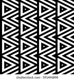 Vector seamless pattern. Decorative ornament, figurative design template with striped black white triangles. Background, texture with optical illusion effect. Decor for card tile textile parquet wall