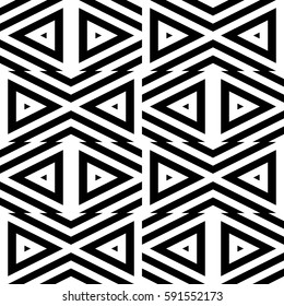 Vector seamless pattern. Decorative ornament, figurative design template with striped black white triangles. Background, texture with optical illusion effect. Decor for card tile textile parquet wall