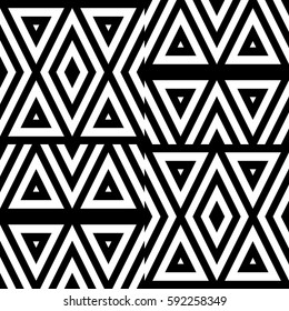 Vector seamless pattern. Decorative ornament, figurative design template with striped black white triangles. Background, texture with optical illusion effect. Decor for card tile textile parquet wall