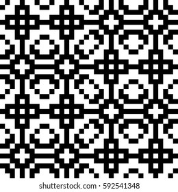 Vector seamless pattern. Decorative ornament, traditional tracery with black white design. Background, texture with folk handiwork. Fabric textile swatch for cloth, blanket, carpet, tapestry.