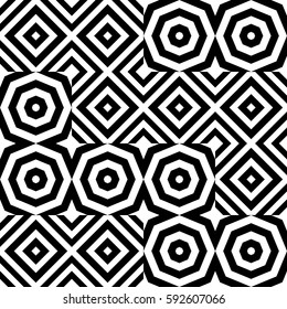 Vector seamless pattern. Decorative ornament, figurative design template with striped black white polygons. Background, texture with optical illusion effect. Decor for card tile textile parquet wall