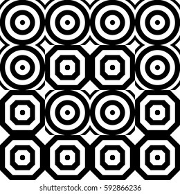 Vector seamless pattern. Decorative ornament, figurative design template with striped black white polygons. Background, texture with optical illusion effect. Decor for card tile textile parquet wall
