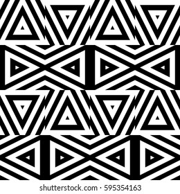 Vector seamless pattern. Decorative ornament, figurative design template with striped black white triangles. Background, texture with optical illusion effect. Decor for card tile textile parquet wall