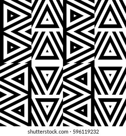 Vector seamless pattern. Decorative ornament, figurative design template with striped black white triangles. Background, texture with optical illusion effect. Decor for card tile textile parquet wall