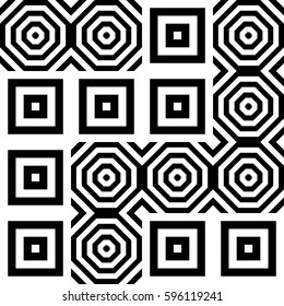 Vector seamless pattern. Decorative ornament, figurative design template with striped black white polygons. Background, texture with optical illusion effect. Decor for card tile textile parquet wall