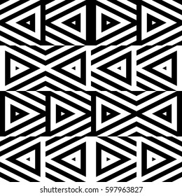 Vector seamless pattern. Decorative ornament, chaotic design template with striped black white triangles. Background, texture with optical illusion chaos. Decor for card tile textile parquet wall