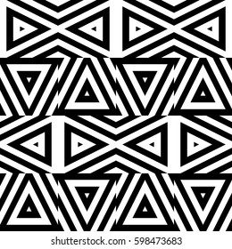 Vector seamless pattern. Decorative ornament, figurative design template with striped black white triangles. Background, texture with optical illusion effect. Decor for card tile textile parquet wall