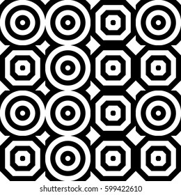Vector seamless pattern. Decorative ornament, figurative design template with striped black white polygons. Background, texture with optical illusion effect. Decor for card tile textile parquet wall