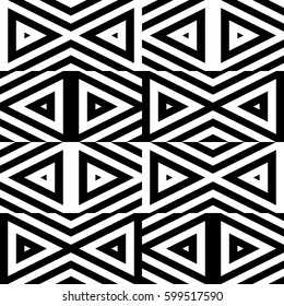 Vector seamless pattern. Decorative ornament, figurative design template with striped black white triangles. Background, texture with optical illusion effect. Decor for card tile textile parquet wall