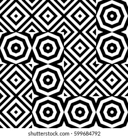 Vector seamless pattern. Decorative ornament, figurative design template with striped black white polygons. Background, texture with optical illusion effect. Decor for card tile textile parquet wall