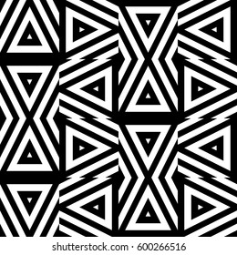 Vector seamless pattern. Decorative ornament, figurative design template with striped black white triangles. Background, texture with optical illusion effect. Decor for card tile textile parquet wall