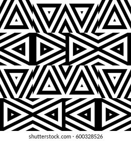 Vector seamless pattern. Decorative ornament, figurative design template with striped black white triangles. Background, texture with optical illusion effect. Decor for card tile textile parquet wall