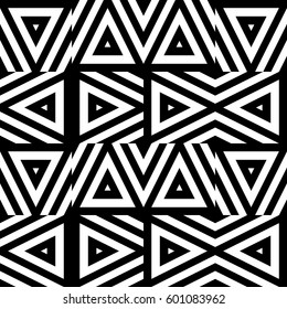 Vector seamless pattern. Decorative ornament, figurative design template with striped black white triangles. Background, texture with optical illusion effect. Decor for card tile textile parquet wall