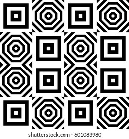 Vector seamless pattern. Decorative ornament, figurative design template with striped black white polygons. Background, texture with optical illusion effect. Decor for card tile textile parquet wall