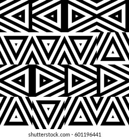 Vector seamless pattern. Decorative ornament, chaotic design template with striped black white triangles. Background, texture with optical illusion chaos. Decor for card tile textile parquet wall