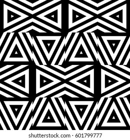 Vector seamless pattern. Decorative ornament, figurative design template with striped black white triangles. Background, texture with optical illusion effect. Decor for card tile textile parquet wall