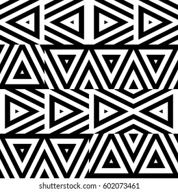 Vector seamless pattern. Decorative ornament, chaotic design template with striped black white triangles. Background, texture with optical illusion chaos. Decor for card tile textile parquet wall