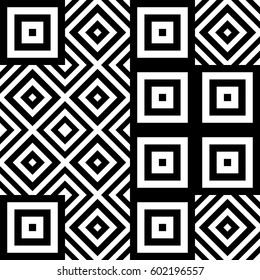 Vector seamless pattern. Decorative ornament, figurative design template with striped black white polygons. Background, texture with optical illusion effect. Decor for card tile textile parquet wall