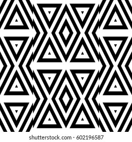 Vector seamless pattern. Decorative ornament, figurative design template with striped black white triangles. Background, texture with optical illusion effect. Decor for card tile textile parquet wall