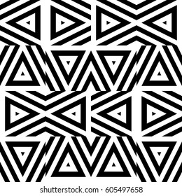Vector seamless pattern. Decorative ornament, figurative design template with striped black white triangles. Background, texture with optical illusion effect. Decor for card tile textile parquet wall
