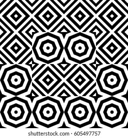 Vector seamless pattern. Decorative ornament, figurative design template with striped black white polygons. Background, texture with optical illusion effect. Decor for card tile textile parquet wall