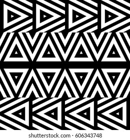 Vector seamless pattern. Decorative ornament, figurative design template with striped black white triangles. Background, texture with optical illusion effect. Decor for card tile textile parquet wall