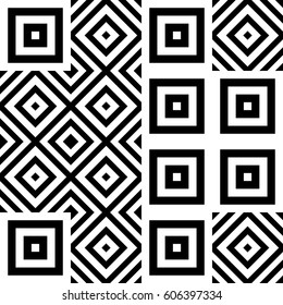 Vector seamless pattern. Decorative ornament, figurative design template with striped black white polygons. Background, texture with optical illusion effect. Decor for card tile textile parquet wall