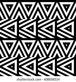 Vector seamless pattern. Decorative ornament, figurative design template with striped black white triangles. Background, texture with optical illusion effect. Decor for card tile textile parquet wall