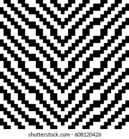 Vector seamless pattern. Decorative ornament, traditional tracery with black white diagonal zigzag line. Background, op art texture with jacquard knitting. Fabric, textile, swatch, cloth, tapestry.