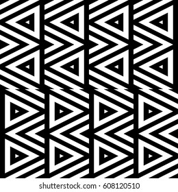 Vector seamless pattern. Decorative ornament, figurative design template with striped black white triangles. Background, texture with optical illusion effect. Decor for card tile textile parquet wall