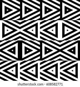 Vector seamless pattern. Decorative ornament, figurative design template with striped black white triangles. Background, texture with optical illusion effect. Decor for card tile textile parquet wall