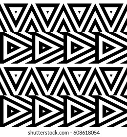 Vector seamless pattern. Decorative ornament, figurative design template with striped black white triangles. Background, texture with optical illusion effect. Decor for card tile textile parquet wall
