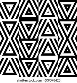Vector seamless pattern. Decorative ornament, chaotic design template with striped black white triangles. Background, texture with optical illusion chaos. Decor for card tile textile parquet wall