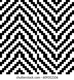 Vector seamless pattern. Decorative ornament, traditional tracery with black white diagonal zigzag line. Background, op art texture with jacquard knitting. Fabric, textile, swatch, cloth, tapestry.