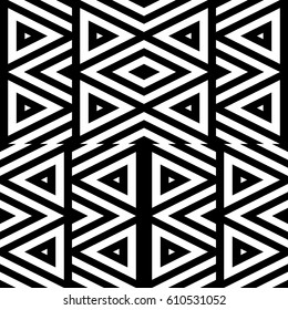 Vector seamless pattern. Decorative ornament, figurative design template with striped black white triangles. Background, texture with optical illusion effect. Decor for card tile textile parquet wall