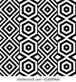 Vector seamless pattern. Decorative ornament, figurative design template with striped black white rhombuses (squares) and hexagons. Background, texture with op art effect. Modern tile, card, cover