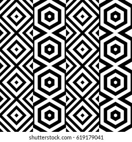 Vector seamless pattern. Decorative ornament, figurative design template with striped black white rhombuses (squares) and hexagons. Background, texture with op art effect. Modern tile, card, cover