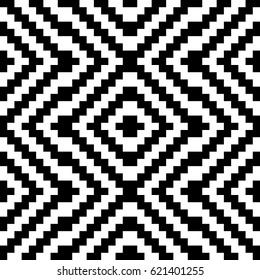 Vector seamless pattern. Decorative ornament, tracery with black white diagonal zigzag line. Background, op art texture with jacquard knitting. Fabric, textile, swatch, cloth, tapestry.