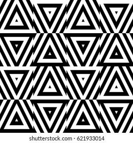 Vector seamless pattern. Decorative ornament, figurative design template with striped black white triangles. Background, texture with optical illusion effect. Decor for card tile textile parquet wall