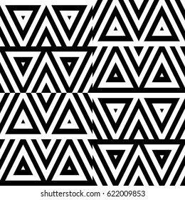 Vector seamless pattern. Decorative ornament, figurative design template with striped black white triangles. Background, texture with optical illusion effect. Decor for card tile textile parquet wall