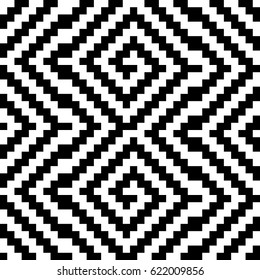 Vector seamless pattern. Decorative ornament, traditional tracery with black white diagonal zigzag line. Background, op art texture with jacquard knitting. Fabric, textile, swatch, cloth, tapestry.