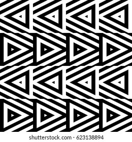 Vector seamless pattern. Decorative ornament, figurative design template with striped black white triangles. Background, texture with optical illusion effect. Decor for card tile textile parquet wall