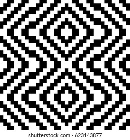 Vector seamless pattern. Decorative ornament, traditional tracery with black white diagonal zigzag line. Background, op art texture with jacquard knitting. Fabric, textile, swatch, cloth, tapestry.