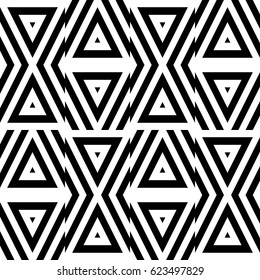 Vector seamless pattern. Decorative ornament, figurative design template with striped black white triangles. Background, texture with optical illusion effect. Decor for card tile textile parquet wall