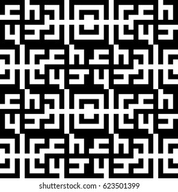 Vector seamless pattern. Decorative ornament, traditional tracery with black white swastika, ethnic symbol of sun, peace. Background, texture with folk handiwork. Fabric textile swatch, art design.