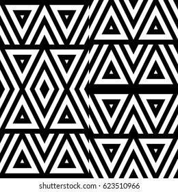 Vector seamless pattern. Decorative ornament, figurative design template with striped black white triangles. Background, texture with optical illusion effect. Decor for card tile textile parquet wall