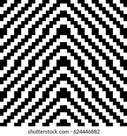 Vector seamless pattern. Decorative ornament, traditional tracery with black white diagonal zigzag line. Background, op art texture with jacquard knitting. Fabric, textile, swatch, cloth, tapestry.