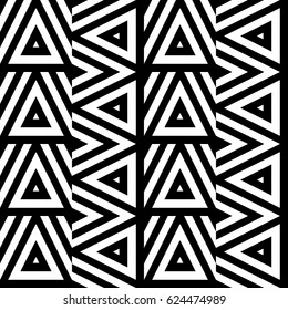 Vector seamless pattern. Decorative ornament, figurative design template with striped black white triangles. Background, texture with optical illusion effect. Decor for card tile textile parquet wall