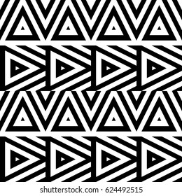 Vector seamless pattern. Decorative ornament, figurative design template with striped black white triangles. Background, texture with optical illusion effect. Decor for card tile textile parquet wall