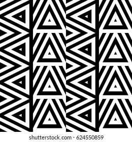 Vector seamless pattern. Decorative ornament, figurative design template with striped black white triangles. Background, texture with optical illusion effect. Decor for card tile textile parquet wall